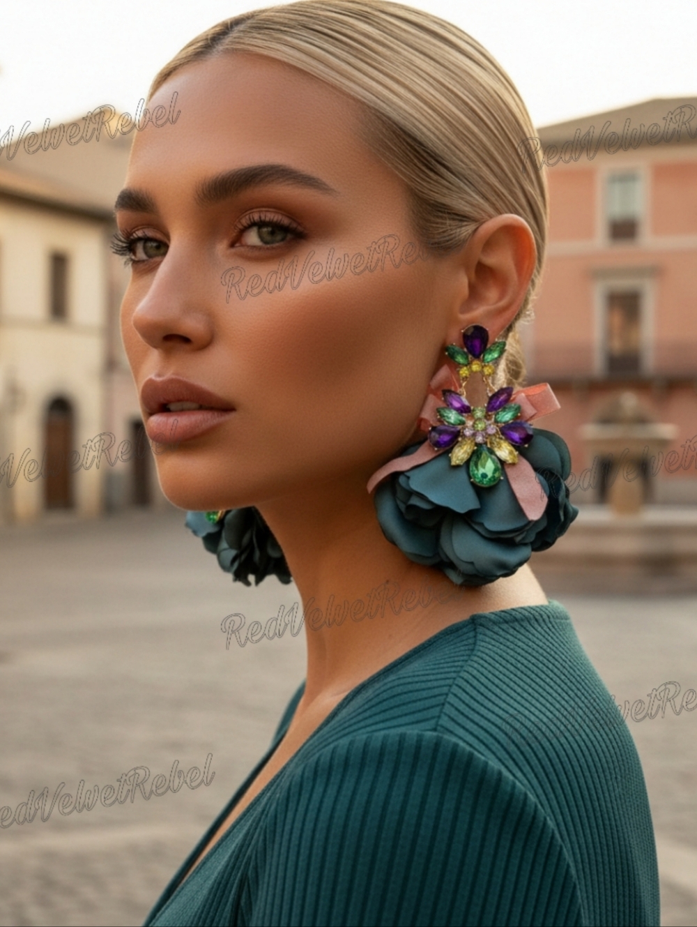 NWT Romantic Multicolored Crystal Marine Bow Oversized Rose Petal Earrings